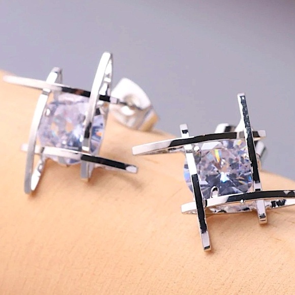 Silver Caged Zircon 3D Stud Geometric Earrings - Picture 2 of 8